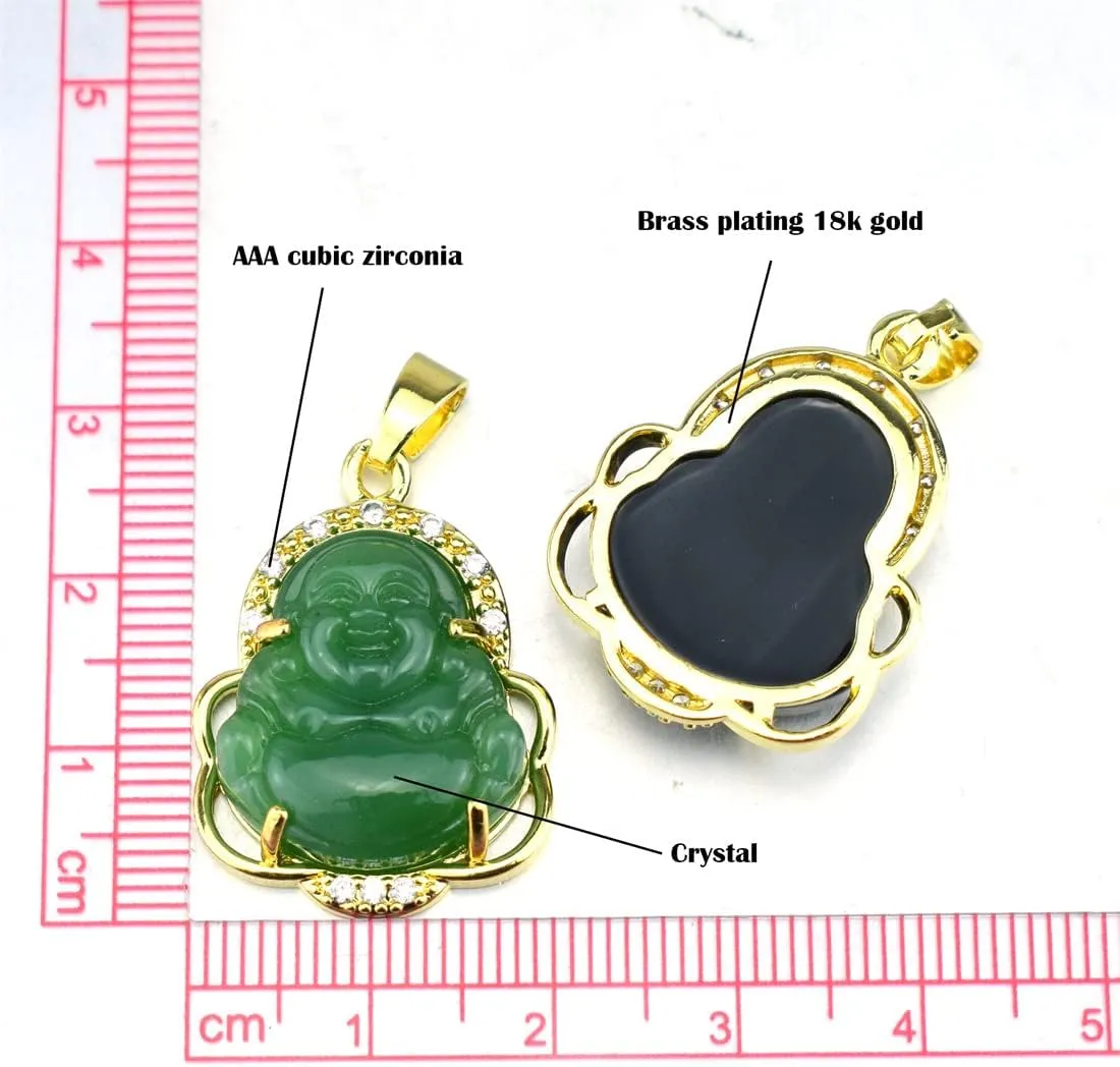 COLORFUL BLING 18k Gold Plated Laughing Buddha Pendant Necklace Green Jade Cubic Zirconia Gemstone Lucky Amulet Jewelry for Women Men