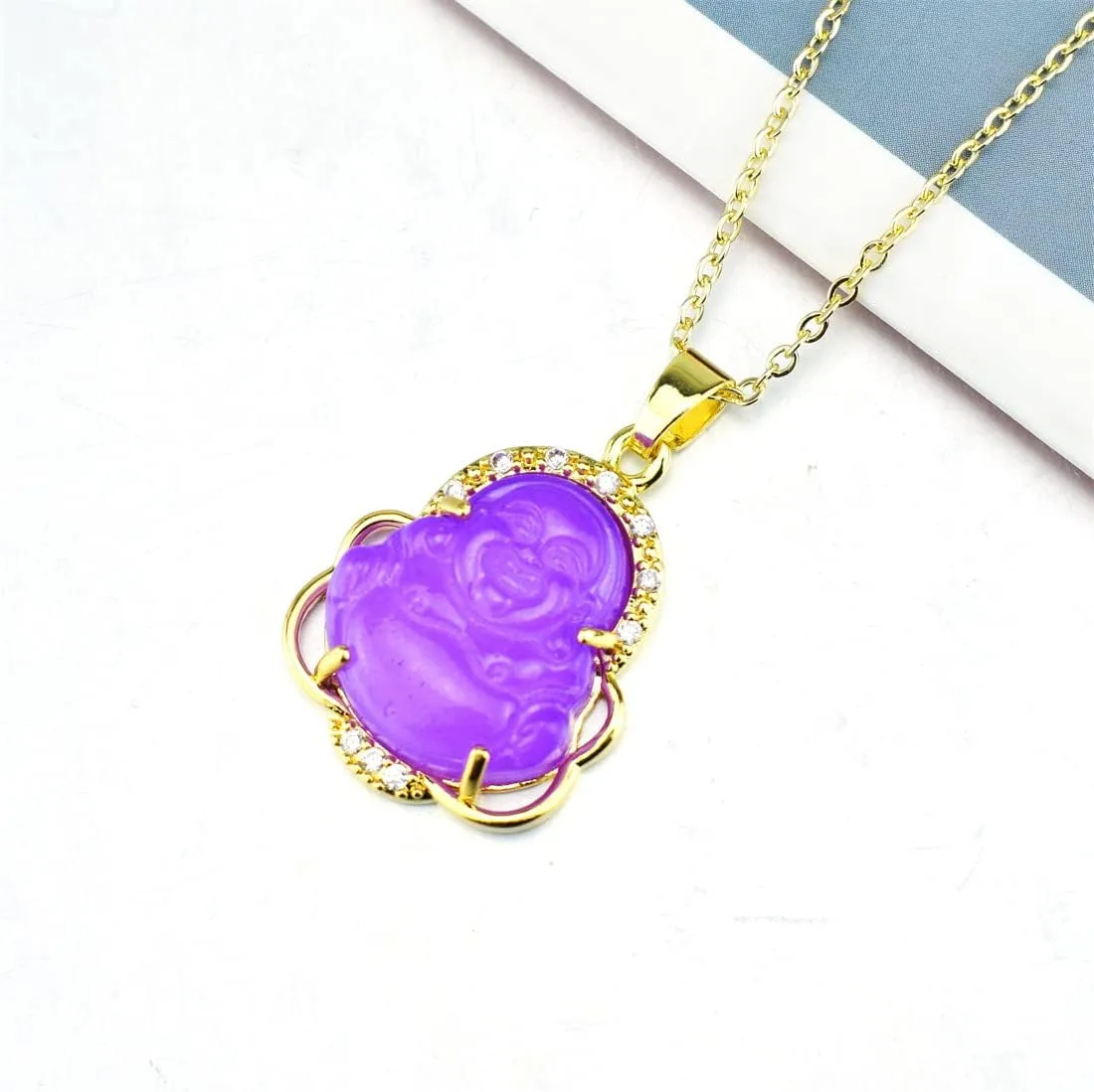 COLORFUL BLING 18k Gold Plated Laughing Buddha Pendant Necklace Green Jade Cubic Zirconia Gemstone Lucky Amulet Jewelry for Women Men
