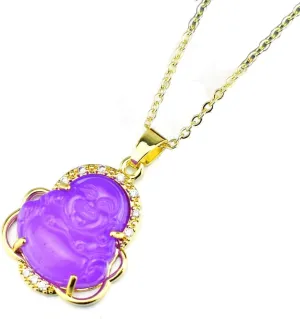 COLORFUL BLING 18k Gold Plated Laughing Buddha Pendant Necklace Green Jade Cubic Zirconia Gemstone Lucky Amulet Jewelry for Women Men