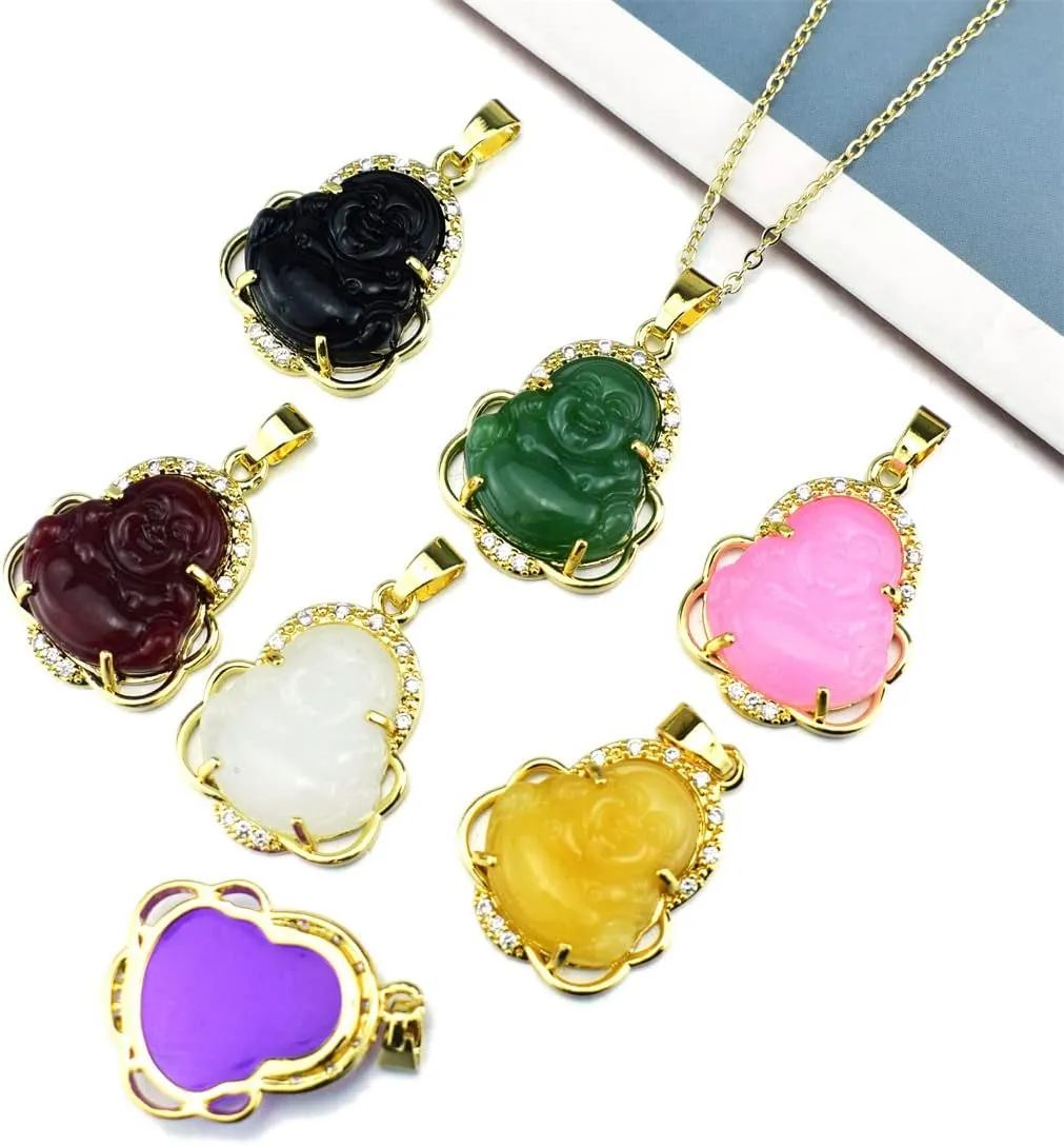 COLORFUL BLING 18k Gold Plated Laughing Buddha Pendant Necklace Green Jade Cubic Zirconia Gemstone Lucky Amulet Jewelry for Women Men