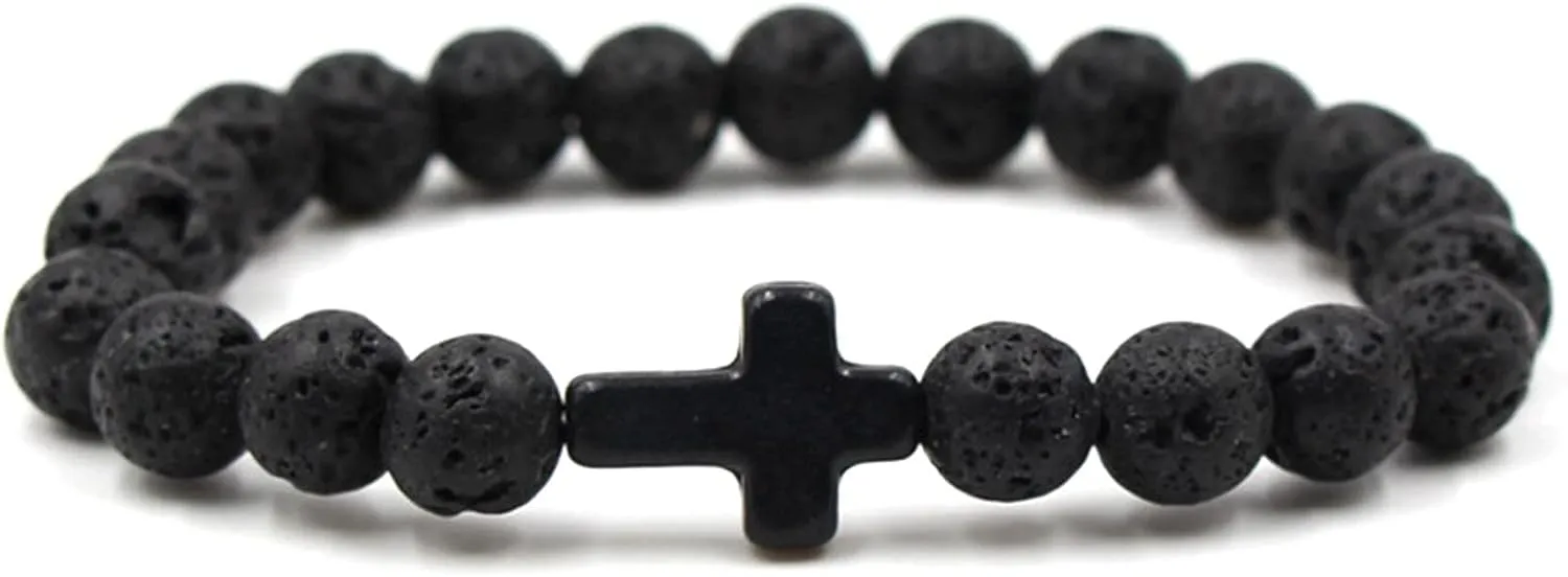 COLORFUL BLING Cross Beaded Bracelet for Men Women Adjustable Natural Lava Stone Rock Stretch Bracelet Set Essential Oil Diffuser Chakra Healing Prayer Religious Jewelry