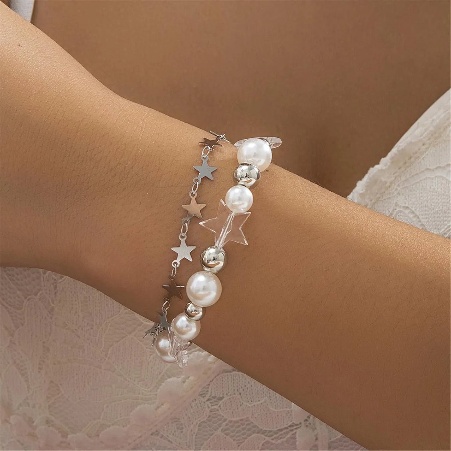 COLORFUL BLING Y2K Star Pearl Beaded Chain Adjustable Aesthetic Bracelet Bracelet Chain Grunge Gift for Women Jewelry Gifts Punk Gothic Link Dainty Bracelet Resin Transparent Star Cool
