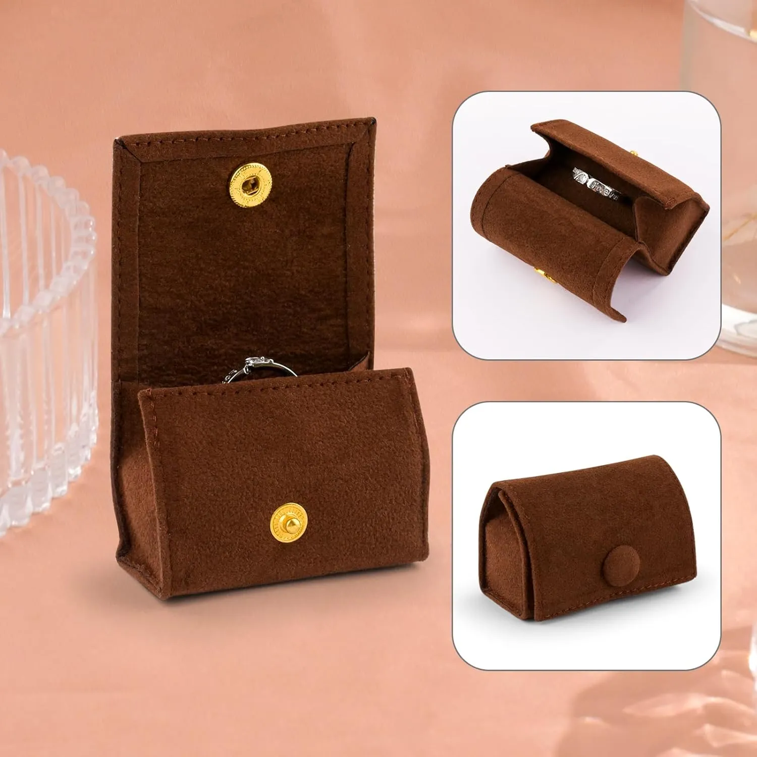 Compact Velvet Ring Box with Plush Interior and Exterior - Keep Your Rings Safe and Stylish On-The-Go Ideal Gift for Women Wife Mom Mother Daughter Best Friend Bestie Aunt Niece (Brown)