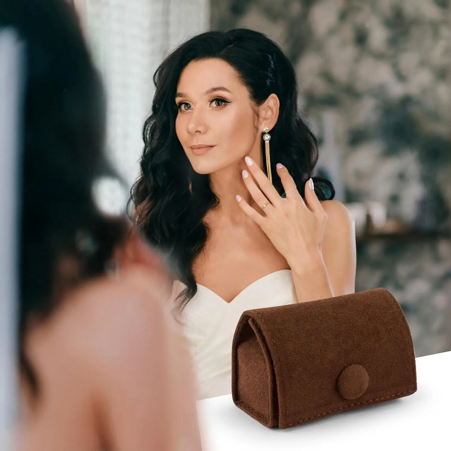 Compact Velvet Ring Box with Plush Interior and Exterior - Keep Your Rings Safe and Stylish On-The-Go Ideal Gift for Women Wife Mom Mother Daughter Best Friend Bestie Aunt Niece (Brown)
