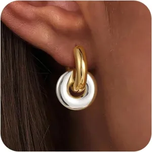 Convertible Chunky Hoop Earrings for Women Trendy: Paperclip Link Hoop Earrings Two-Tone Plated Geometric Drop/Dangle Huggie Hoop Earrings Hypoallergenic Lightweight Trendy Gold Jewelry