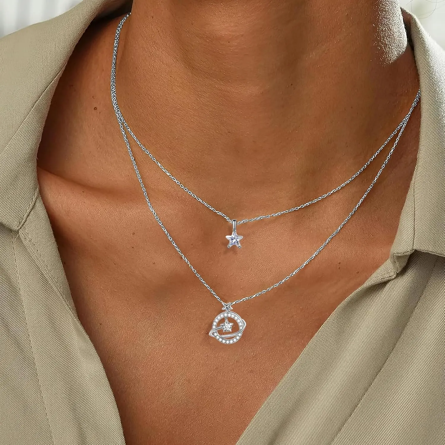 Copper Alloy 14K Gold Plated | 14K Platinum Plated Necklace for Women Double Layer Pendant Necklace Fashionable Multi-Layer Jewelry