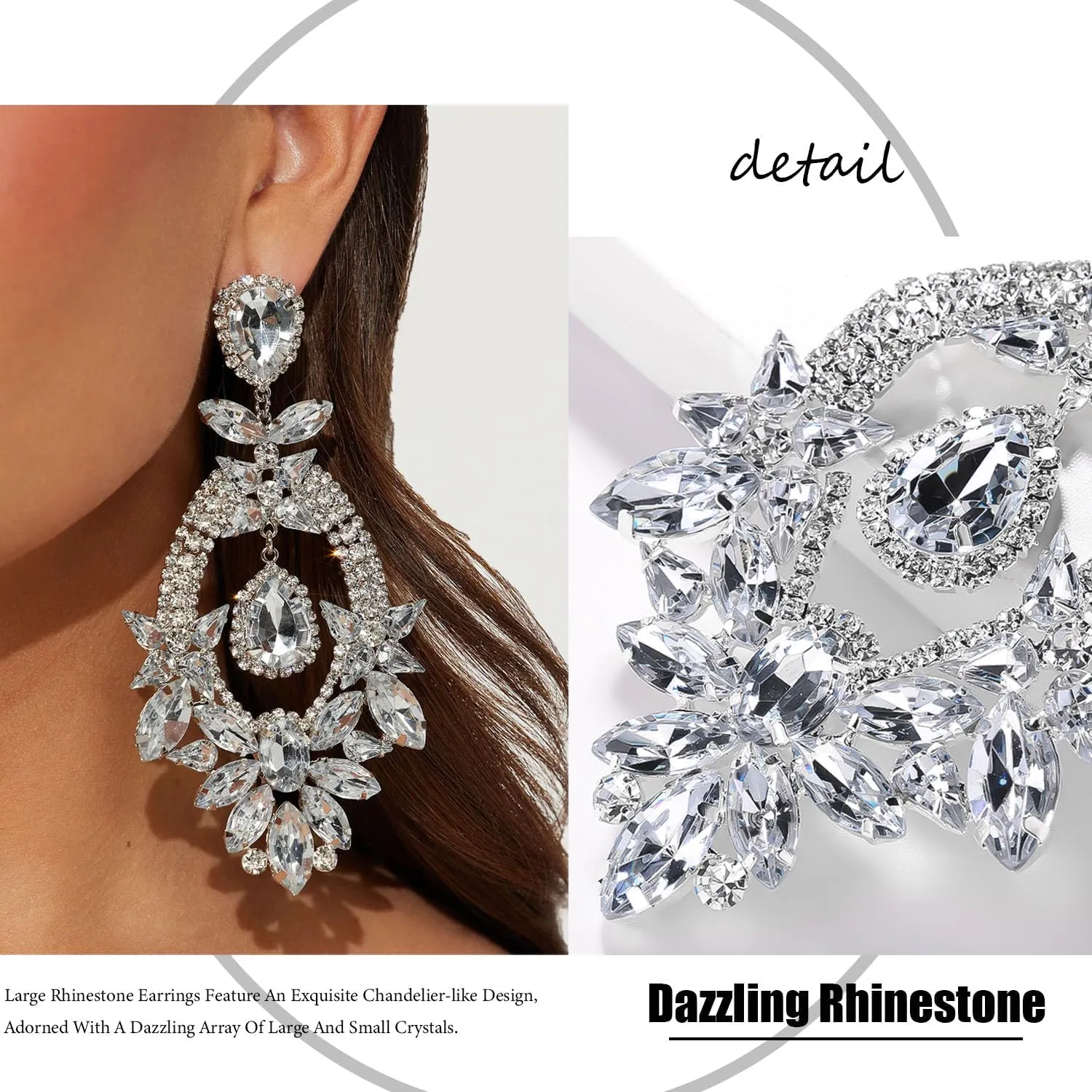 Costume Silver Large Rhinestone Earrings Dangling Trendy Bling Oversized Statement Earrings For Women Formal