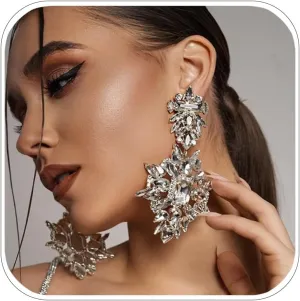 Costume Silver Large Rhinestone Earrings Dangling Trendy Bling Oversized Statement Earrings For Women Formal