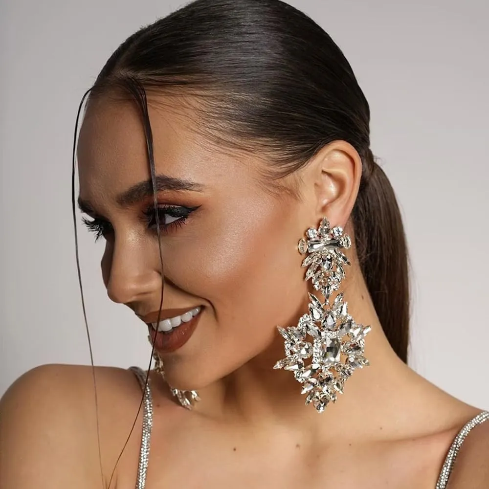 Costume Silver Large Rhinestone Earrings Dangling Trendy Bling Oversized Statement Earrings For Women Formal