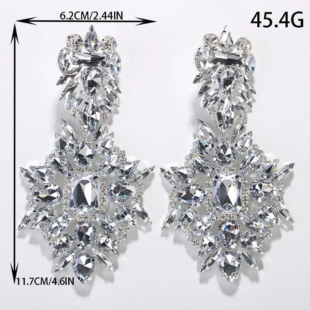 Costume Silver Large Rhinestone Earrings Dangling Trendy Bling Oversized Statement Earrings For Women Formal