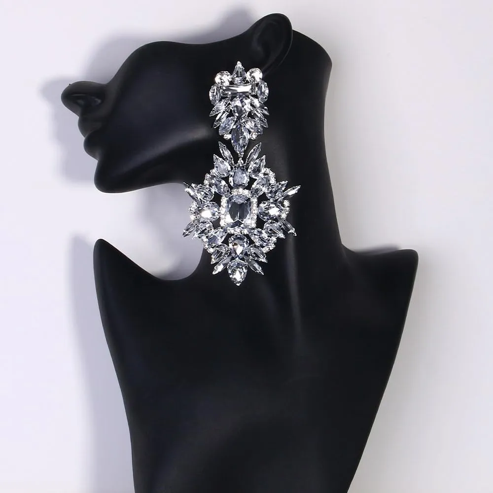 Costume Silver Large Rhinestone Earrings Dangling Trendy Bling Oversized Statement Earrings For Women Formal