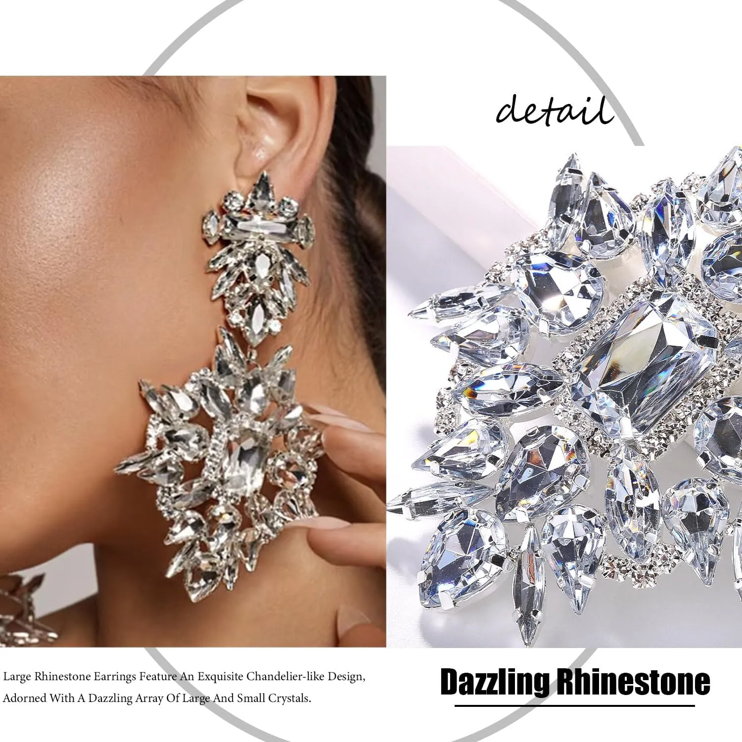 Costume Silver Large Rhinestone Earrings Dangling Trendy Bling Oversized Statement Earrings For Women Formal