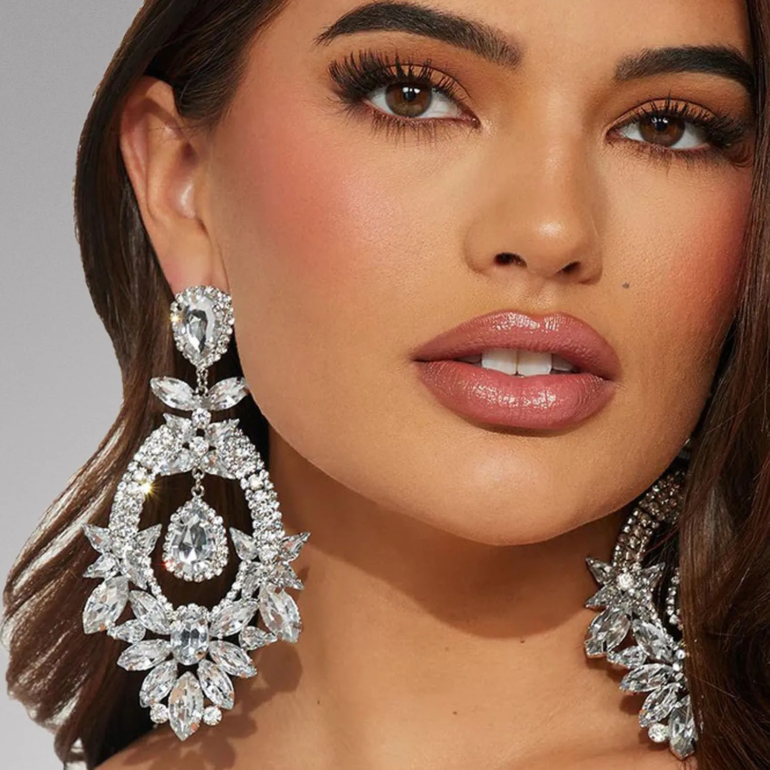 Costume Silver Large Rhinestone Earrings Dangling Trendy Bling Oversized Statement Earrings For Women Formal