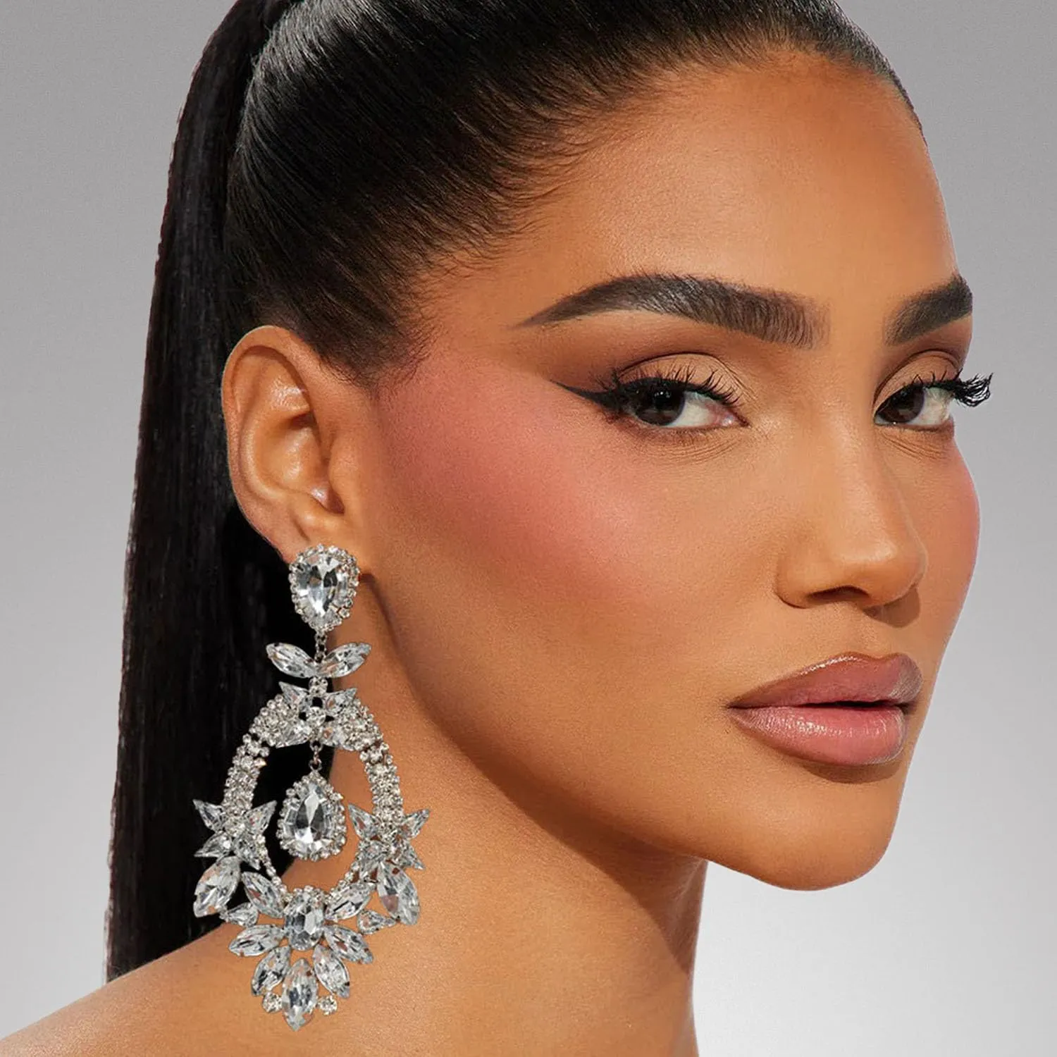 Costume Silver Large Rhinestone Earrings Dangling Trendy Bling Oversized Statement Earrings For Women Formal