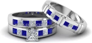 Couple Ring Bridal Sets His Hers Women 925 Sterling Silver White CZ & Blue Sapphire Wedding Engagement Ring Band Women's Size 12 & Men's Size 11