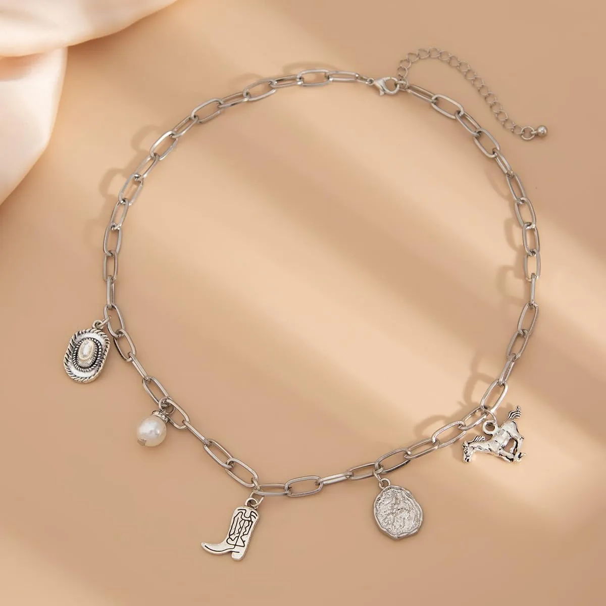 Cowboy Boots Hat Charm Necklace for Women Men Retro Western Style Cowgirl Irregular Pearl Coin Horse Dainty Boho Pendant Paperclip Chain Choker Vintage Country Rodeo Outfit Fashion Jewelry Gifts