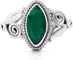 Created emerald Spiral Side - 925 Sterling Silver Ring - Delicate BOHO Chic Jewelry - Fashionable and Stylish for Women with Velvet Gift Bag/Box - Made by Indian Artisans - Size 5-10