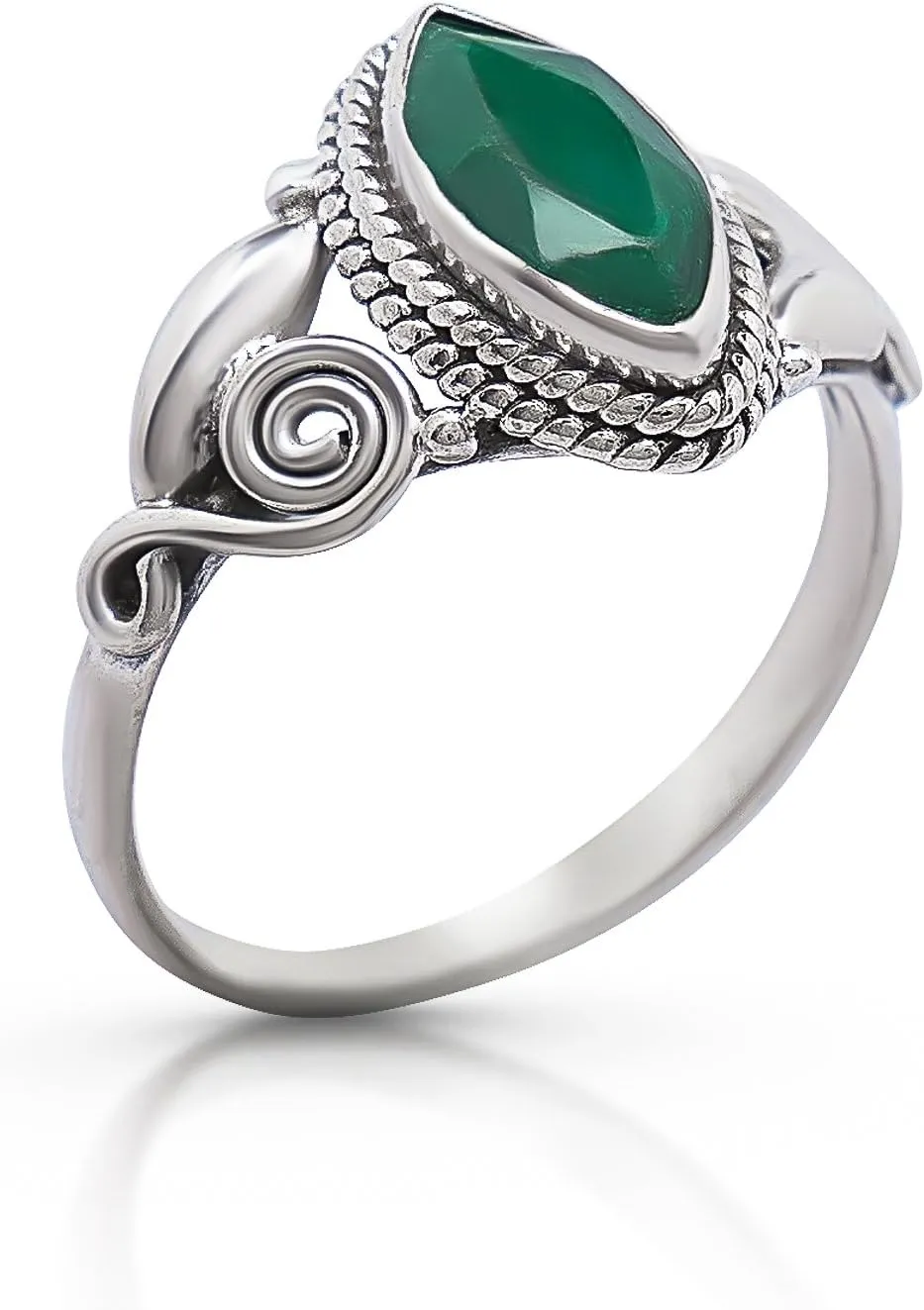 Created emerald Spiral Side - 925 Sterling Silver Ring - Delicate BOHO Chic Jewelry - Fashionable and Stylish for Women with Velvet Gift Bag/Box - Made by Indian Artisans - Size 5-10