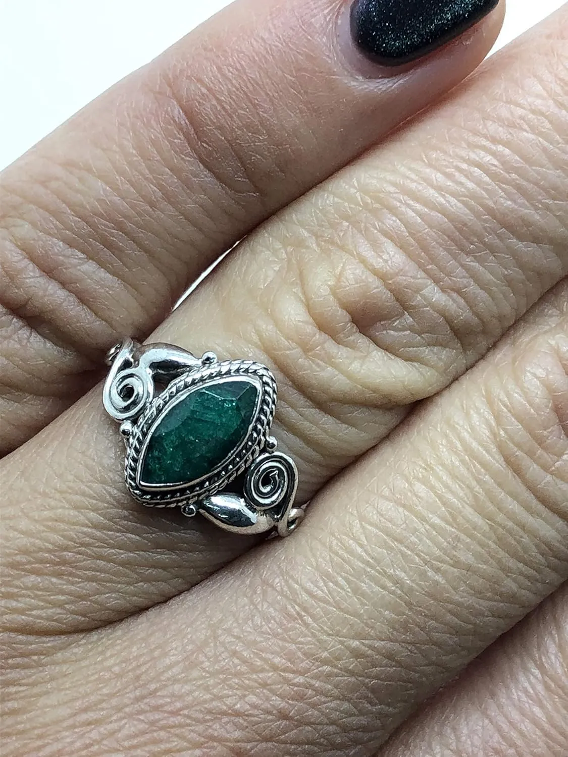 Created emerald Spiral Side - 925 Sterling Silver Ring - Delicate BOHO Chic Jewelry - Fashionable and Stylish for Women with Velvet Gift Bag/Box - Made by Indian Artisans - Size 5-10