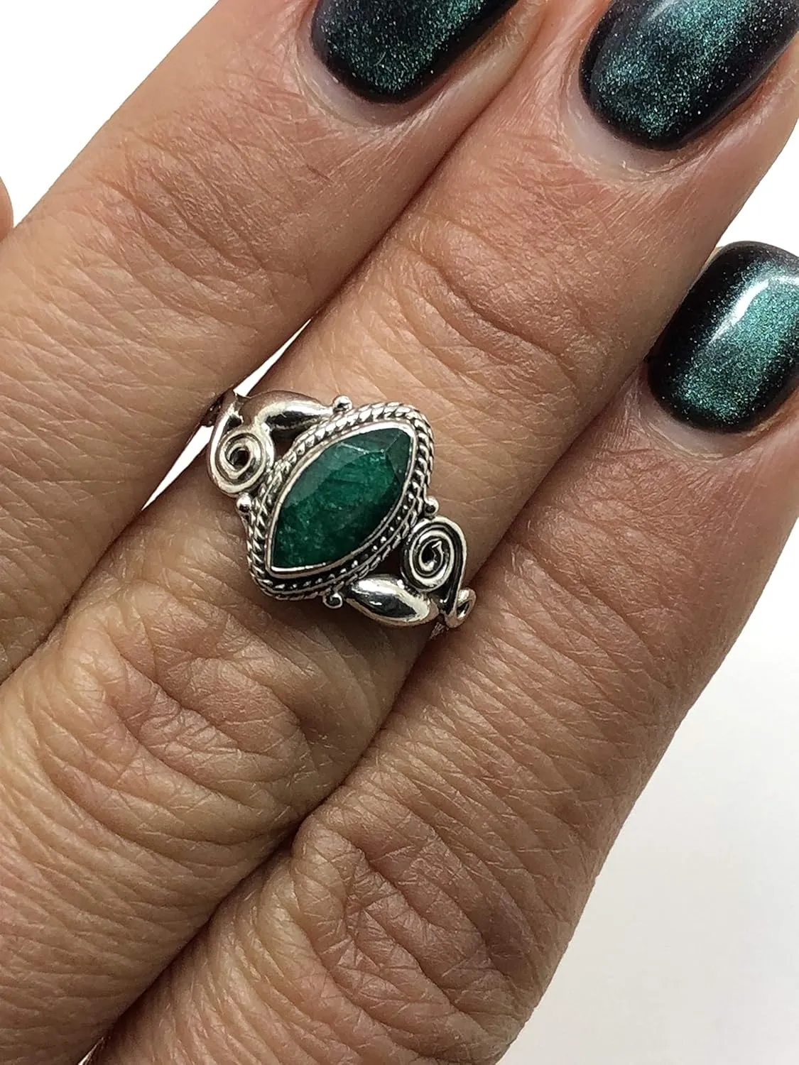 Created emerald Spiral Side - 925 Sterling Silver Ring - Delicate BOHO Chic Jewelry - Fashionable and Stylish for Women with Velvet Gift Bag/Box - Made by Indian Artisans - Size 5-10