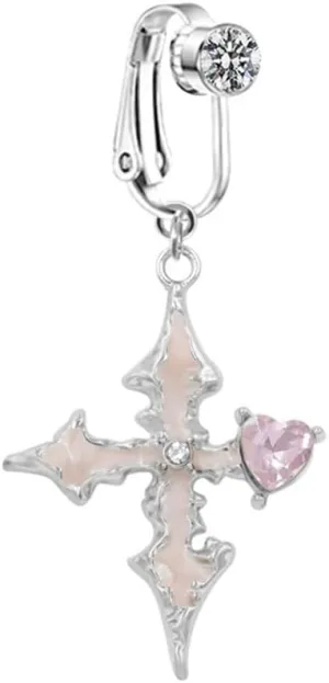Cross Dangle Fake Belly Button Rings for Women CZ Heart Non-Piercing Belly Navel Rings Clip On Belly Jewelry Dainty Fake Body Piercing Jewelry