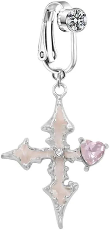 Cross Dangle Fake Belly Button Rings for Women CZ Heart Non-Piercing Belly Navel Rings Clip On Belly Jewelry Dainty Fake Body Piercing Jewelry