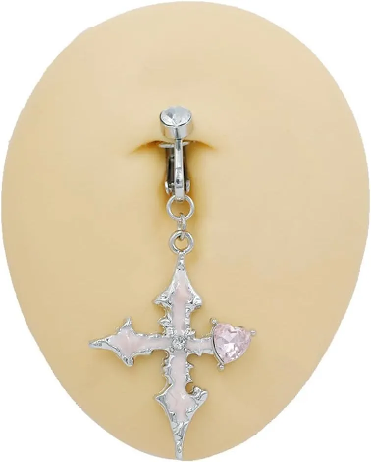 Cross Dangle Fake Belly Button Rings for Women CZ Heart Non-Piercing Belly Navel Rings Clip On Belly Jewelry Dainty Fake Body Piercing Jewelry
