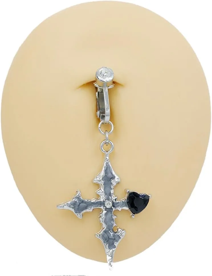 Cross Dangle Fake Belly Button Rings for Women CZ Heart Non-Piercing Belly Navel Rings Clip On Belly Jewelry Dainty Fake Body Piercing Jewelry
