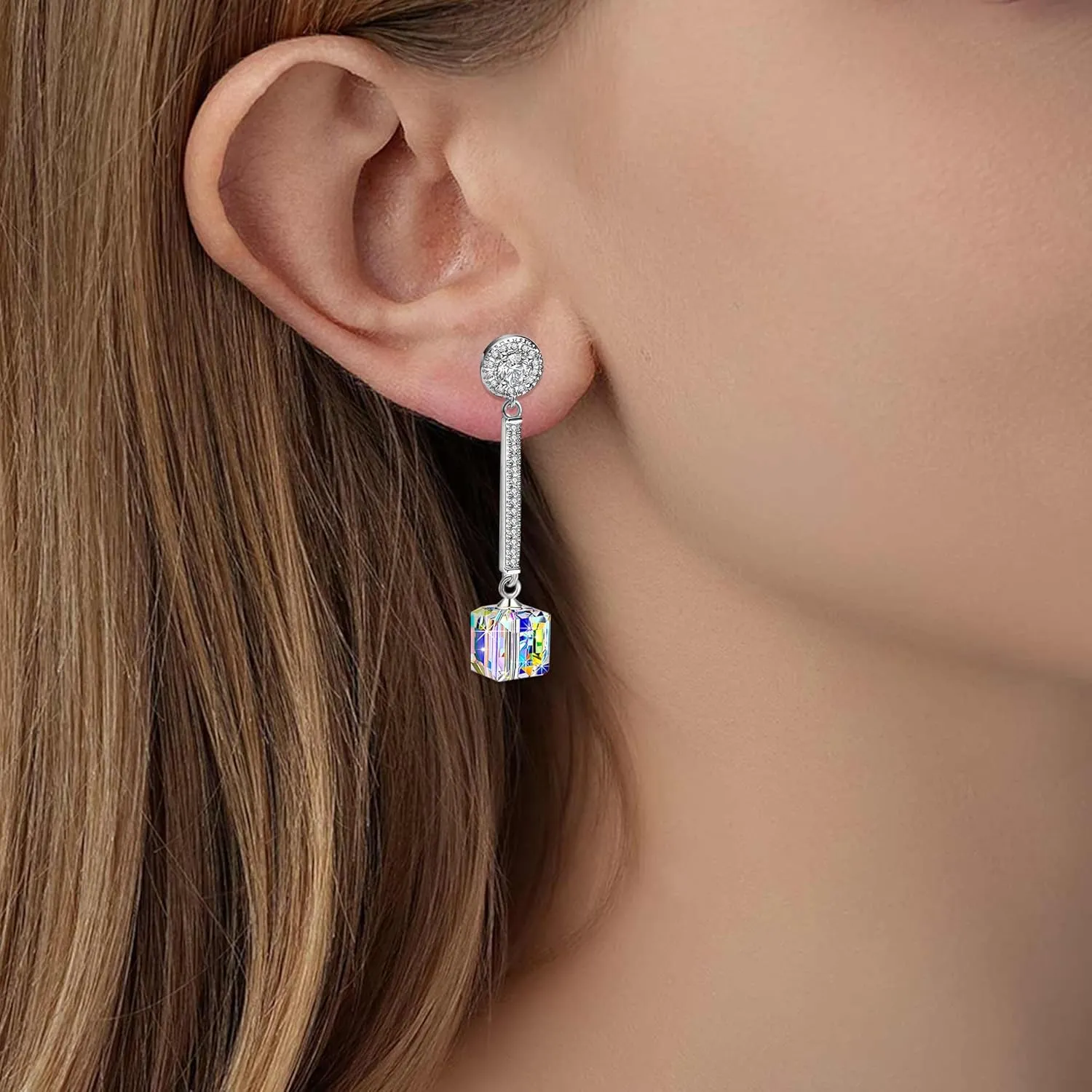 Cube Austrian Crystal Drop Long Dangle Earrings for Women 925 Sterling Silver Post Hypoallergenic Jewelry