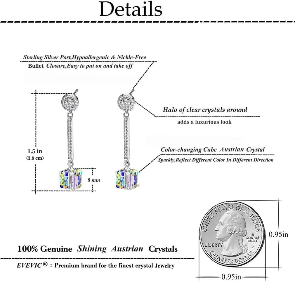 Cube Austrian Crystal Drop Long Dangle Earrings for Women 925 Sterling Silver Post Hypoallergenic Jewelry