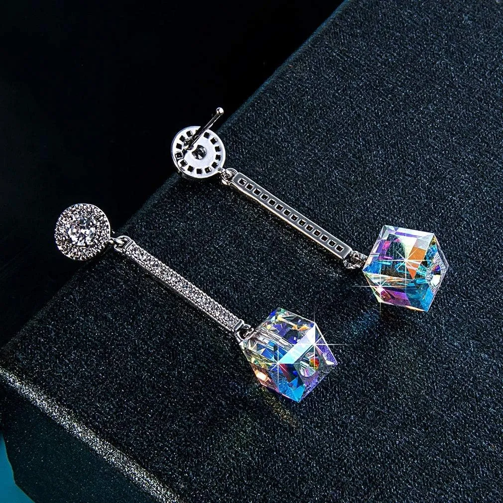 Cube Austrian Crystal Drop Long Dangle Earrings for Women 925 Sterling Silver Post Hypoallergenic Jewelry
