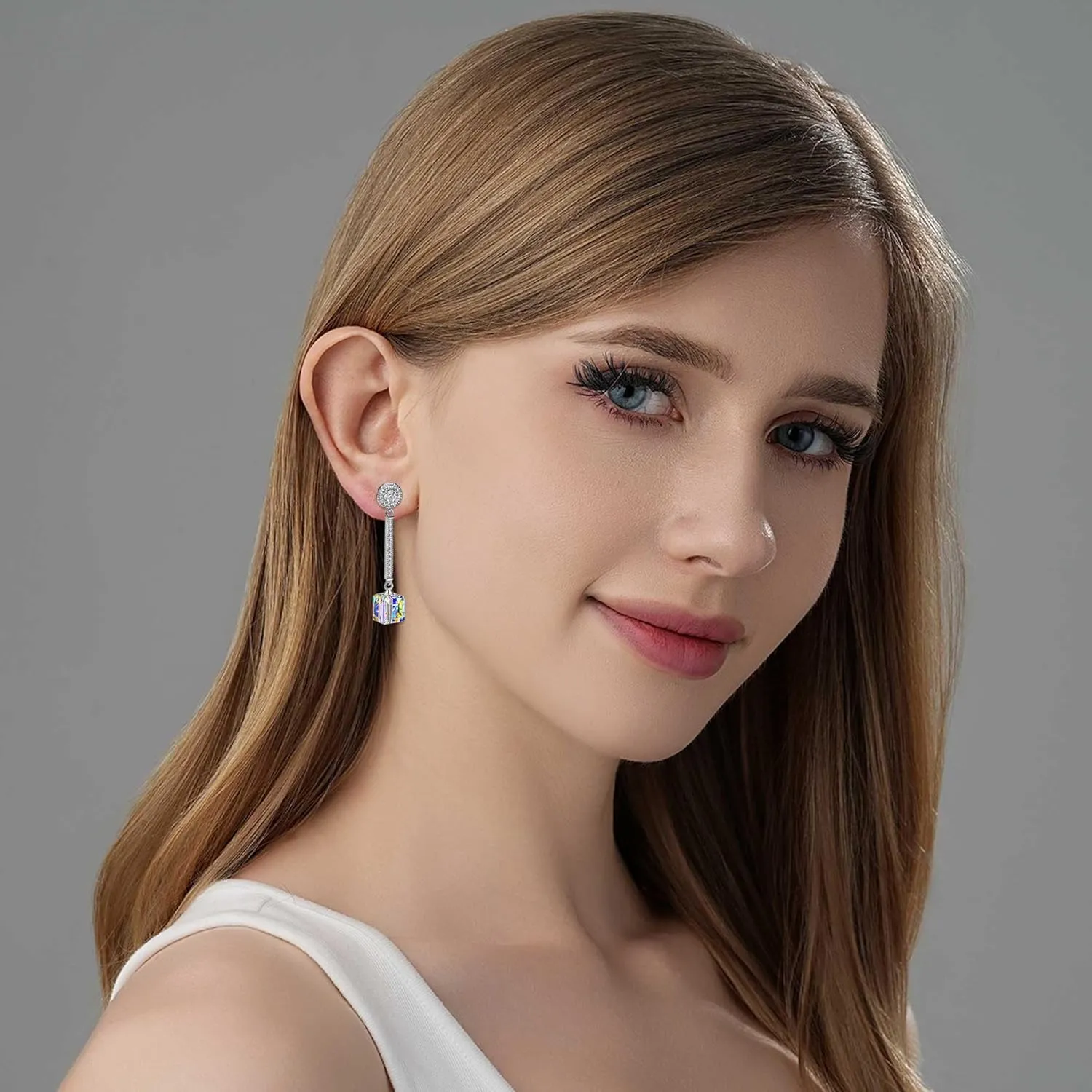 Cube Austrian Crystal Drop Long Dangle Earrings for Women 925 Sterling Silver Post Hypoallergenic Jewelry