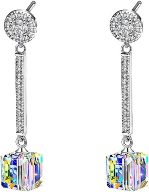 Cube Austrian Crystal Drop Long Dangle Earrings for Women 925 Sterling Silver Post Hypoallergenic Jewelry
