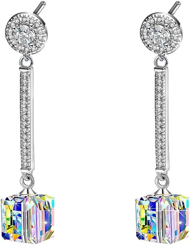 Cube Austrian Crystal Drop Long Dangle Earrings for Women 925 Sterling Silver Post Hypoallergenic Jewelry