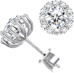 Cubic Zirconia Halo Stud Earrings for Women Men Gold Plated Hypoallergenic S925 Sterling Silver Big Brilliant Simulated Diamond Round CZ Stud Earrings for Sensitive Ears