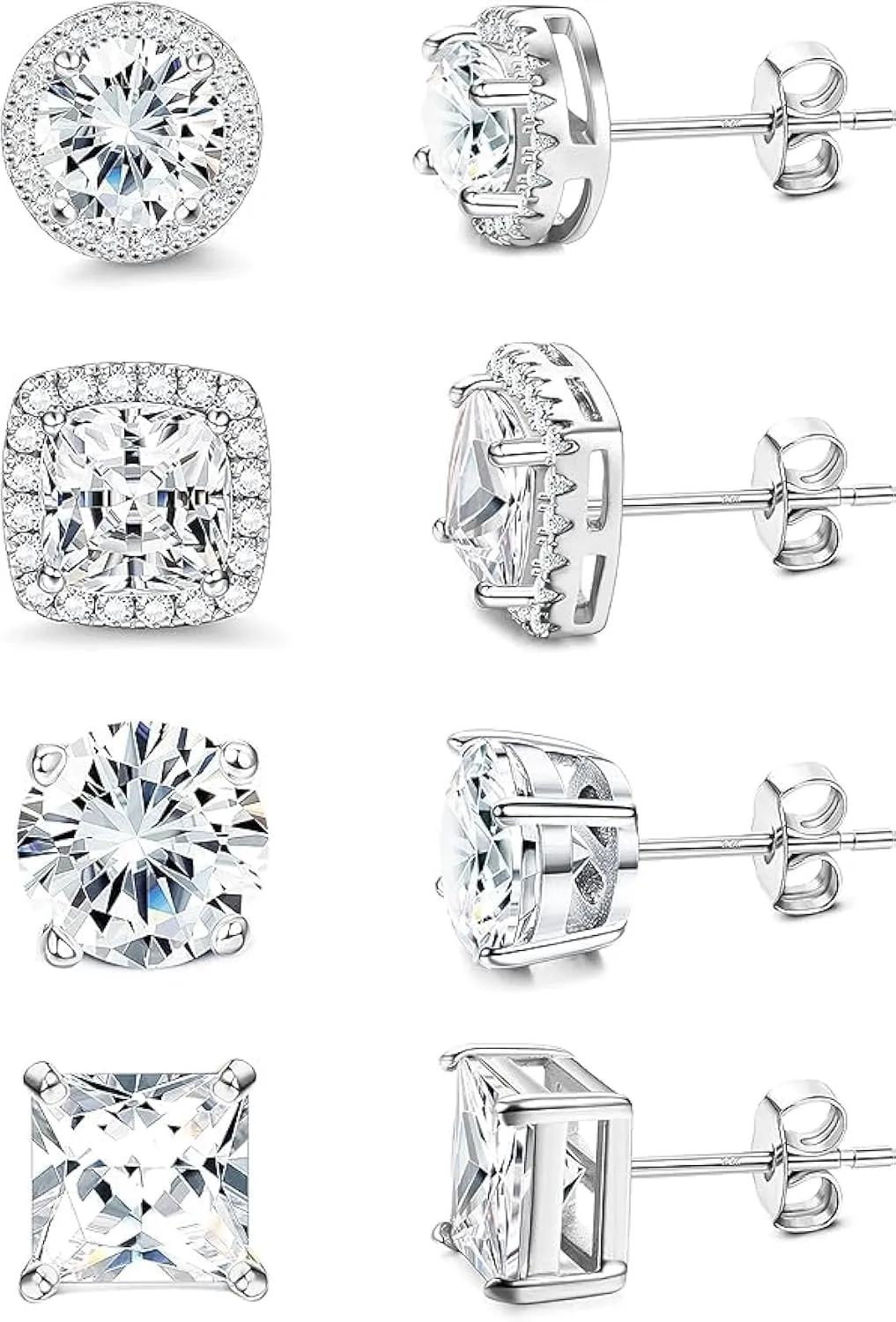 Cubic Zirconia Stud Earrings 18K White Gold Hypoallergenic Sterling Silver Post Earrings Brilliant Large Simulated Diamond Halo Stud Earrings for Women Men