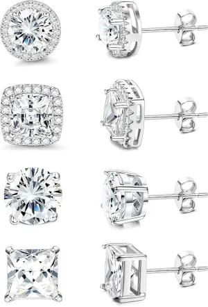 Cubic Zirconia Stud Earrings 18K White Gold Hypoallergenic Sterling Silver Post Earrings Brilliant Large Simulated Diamond Halo Stud Earrings for Women Men