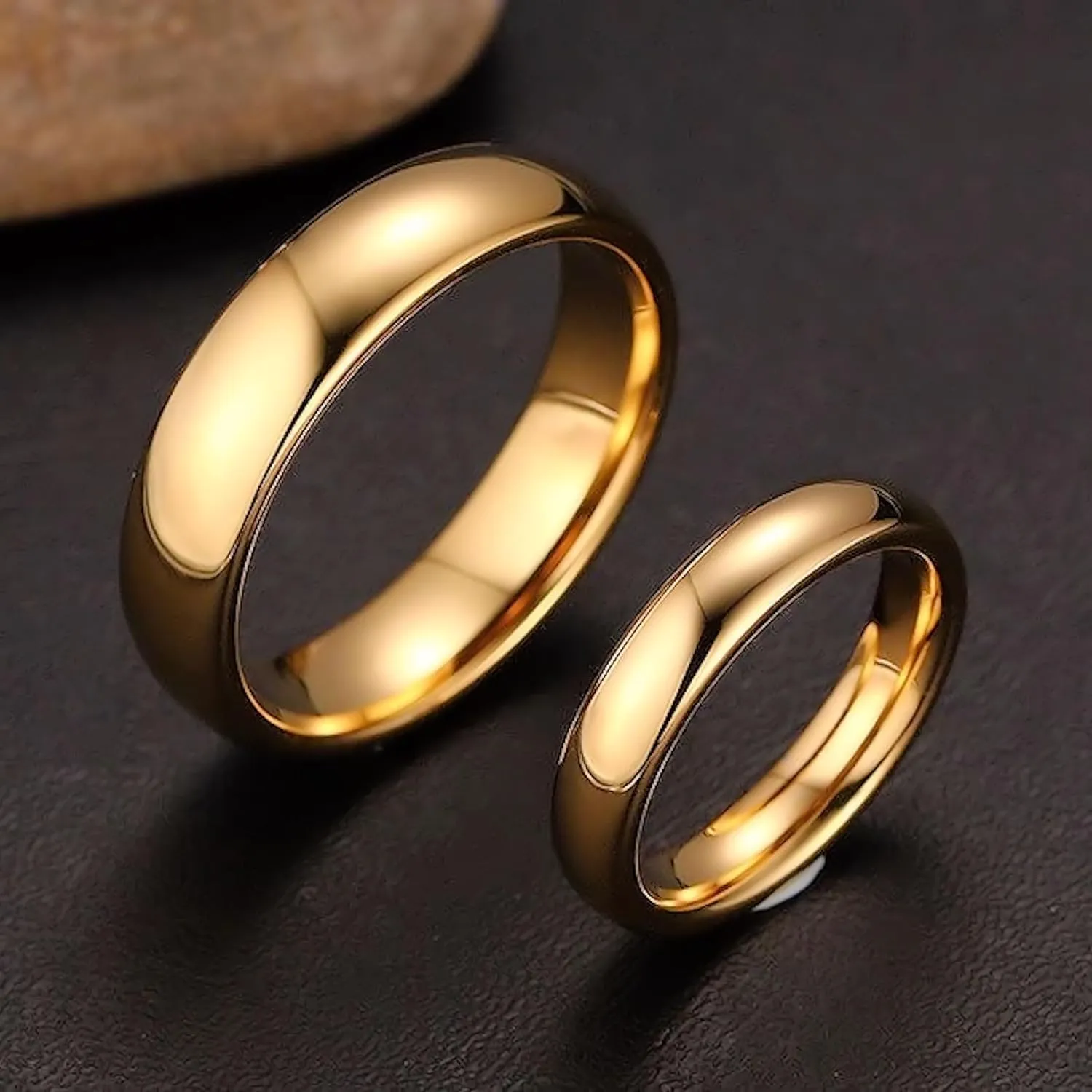 Custom Engraved Gold Plated Tungsten Carbide Wedding Band Classic Half Dome. 2mm-10mm Widths Available. Some Rings Feature a Single Cubic Zirconia.