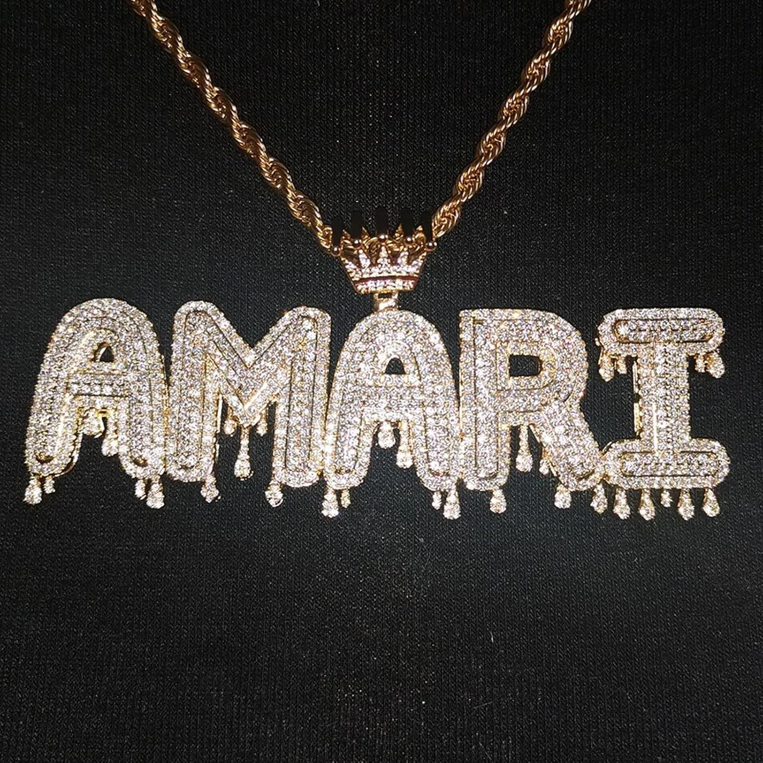 Custom Made Hip Hop Crystal Pendant Necklace Personalized Name Cubic Zircon Crown Drip Iced Out Bubble Letters Chain Pendants&Necklaces For Men Jewelry Cuban Tennis Chain (gold 3letters)