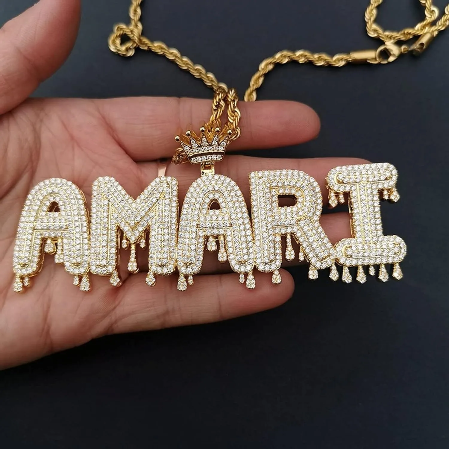 Custom Made Hip Hop Crystal Pendant Necklace Personalized Name Cubic Zircon Crown Drip Iced Out Bubble Letters Chain Pendants&Necklaces For Men Jewelry Cuban Tennis Chain (gold 3letters)