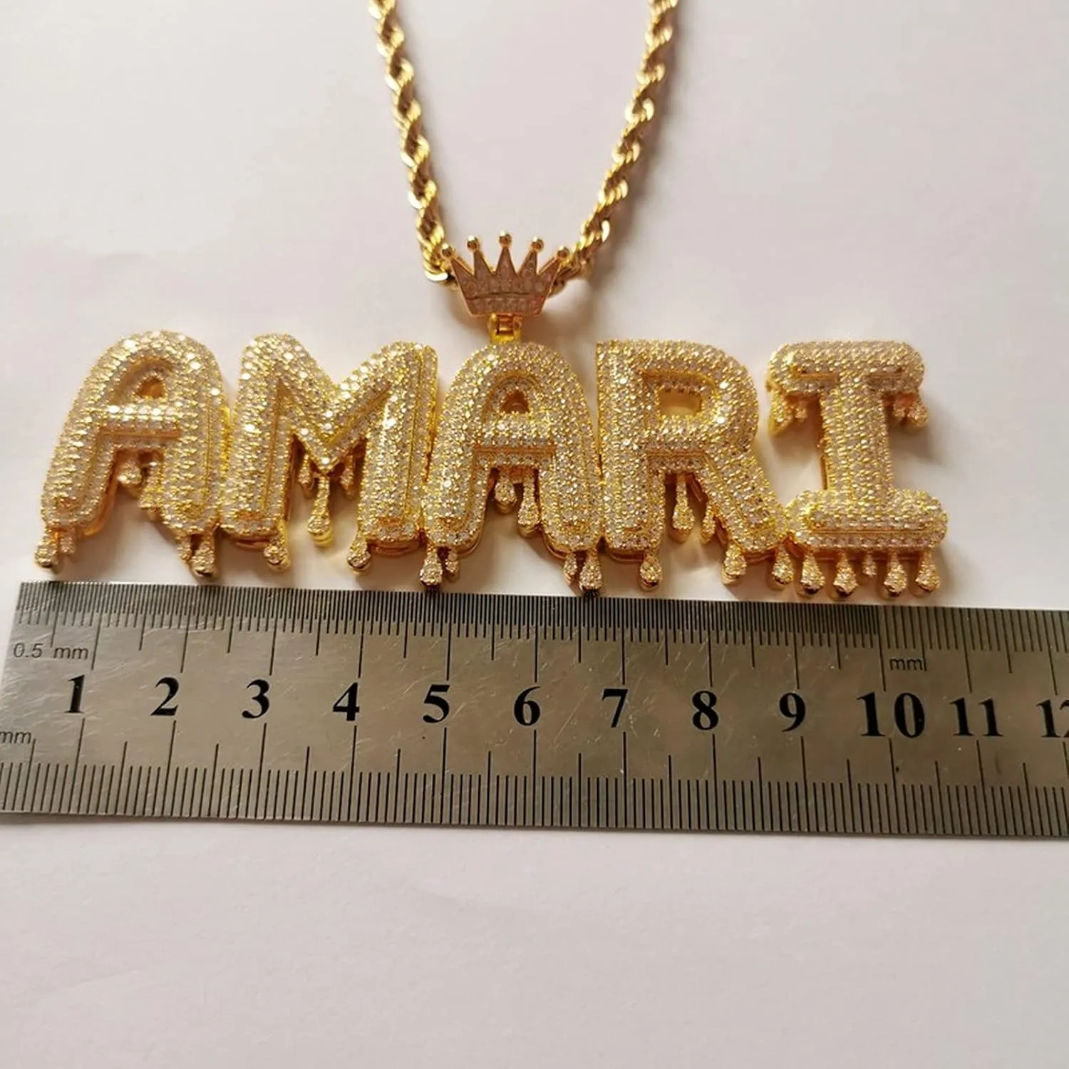 Custom Made Hip Hop Crystal Pendant Necklace Personalized Name Cubic Zircon Crown Drip Iced Out Bubble Letters Chain Pendants&Necklaces For Men Jewelry Cuban Tennis Chain (gold 3letters)