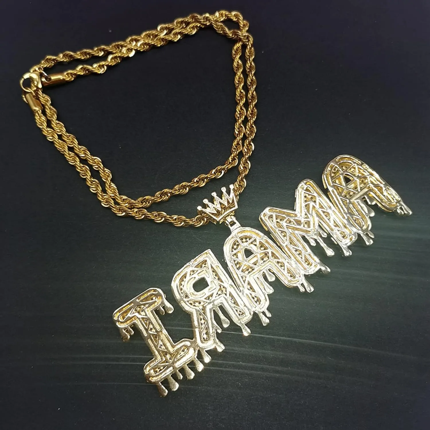 Custom Made Hip Hop Crystal Pendant Necklace Personalized Name Cubic Zircon Crown Drip Iced Out Bubble Letters Chain Pendants&Necklaces For Men Jewelry Cuban Tennis Chain (gold 3letters)
