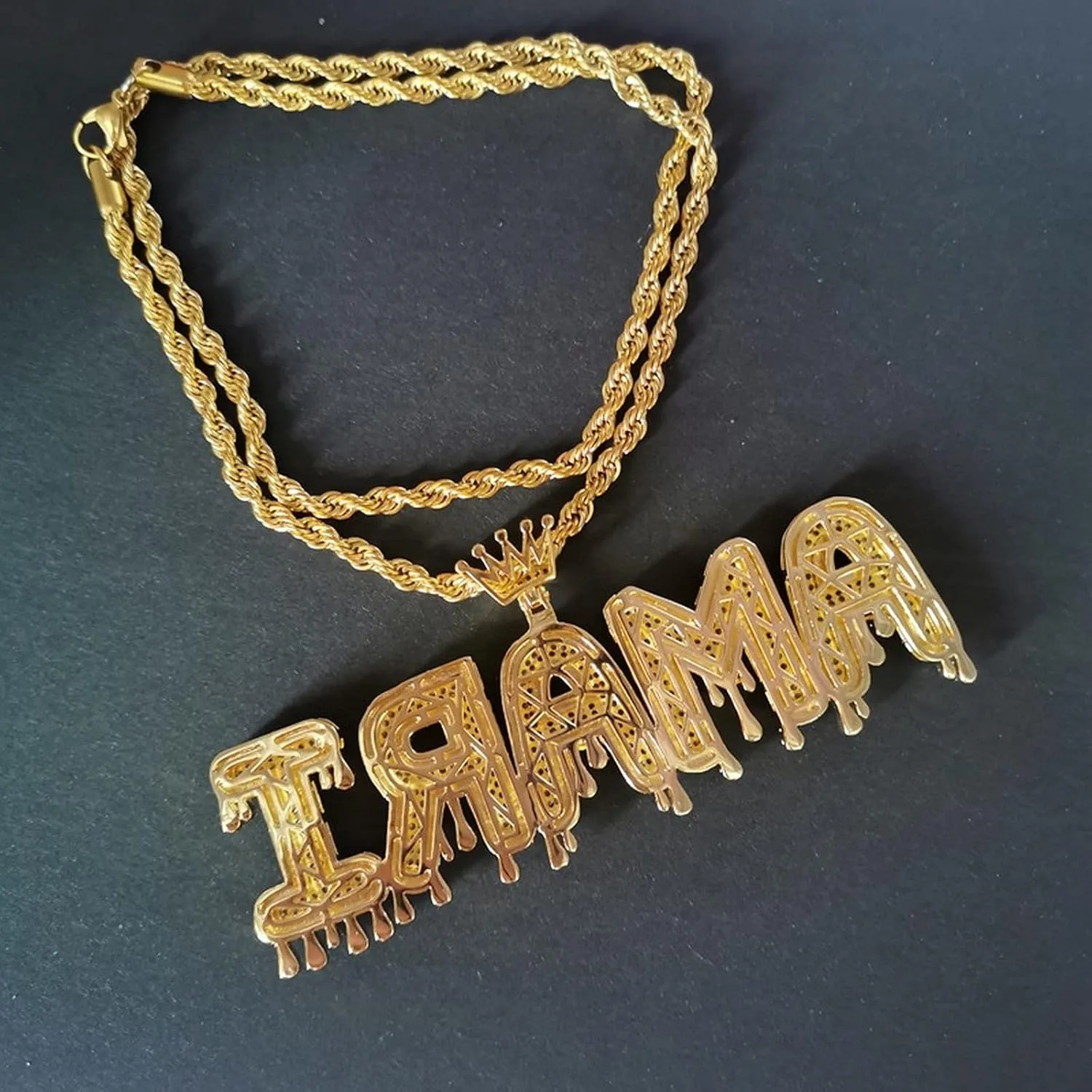 Custom Made Hip Hop Crystal Pendant Necklace Personalized Name Cubic Zircon Crown Drip Iced Out Bubble Letters Chain Pendants&Necklaces For Men Jewelry Cuban Tennis Chain (gold 3letters)