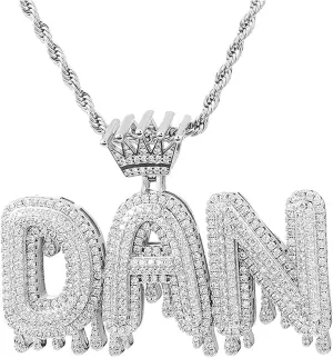 Custom Made Hip Hop Crystal Pendant Necklace Personalized Name Cubic Zircon Crown Drip Iced Out Bubble Letters Chain Pendants&Necklaces For Men Jewelry Cuban Tennis Chain (silver 3letters)