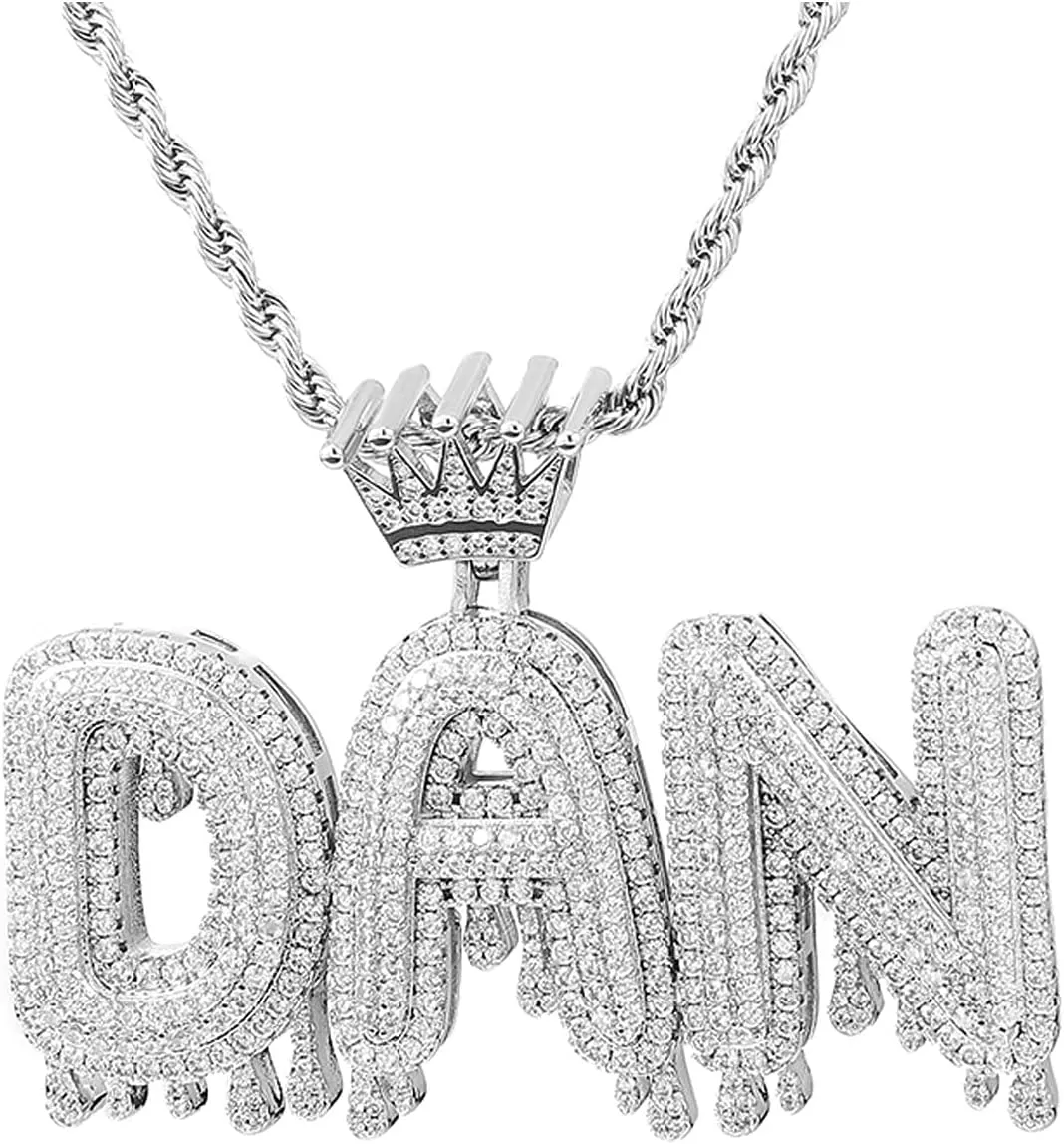 Custom Made Hip Hop Crystal Pendant Necklace Personalized Name Cubic Zircon Crown Drip Iced Out Bubble Letters Chain Pendants&Necklaces For Men Jewelry Cuban Tennis Chain (silver 3letters)