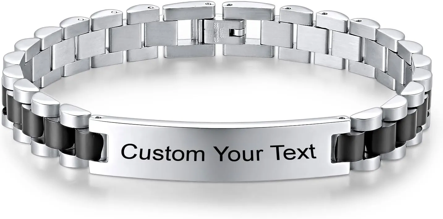 Custom Mens Bracelet Personalized Watch Band Engraved Name Bracelets for Men Customized ID Cuff Wristband Gift for Dad Husband