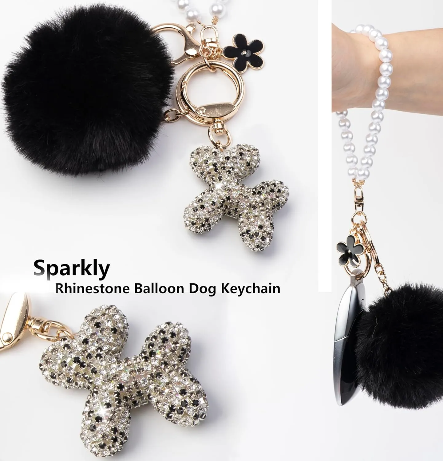 Cute keychains, Balloon Dog Bag Charms for Women, Purse Charms, Pearl Keychain Wristlet, Shiny Rhinestone Key Chain