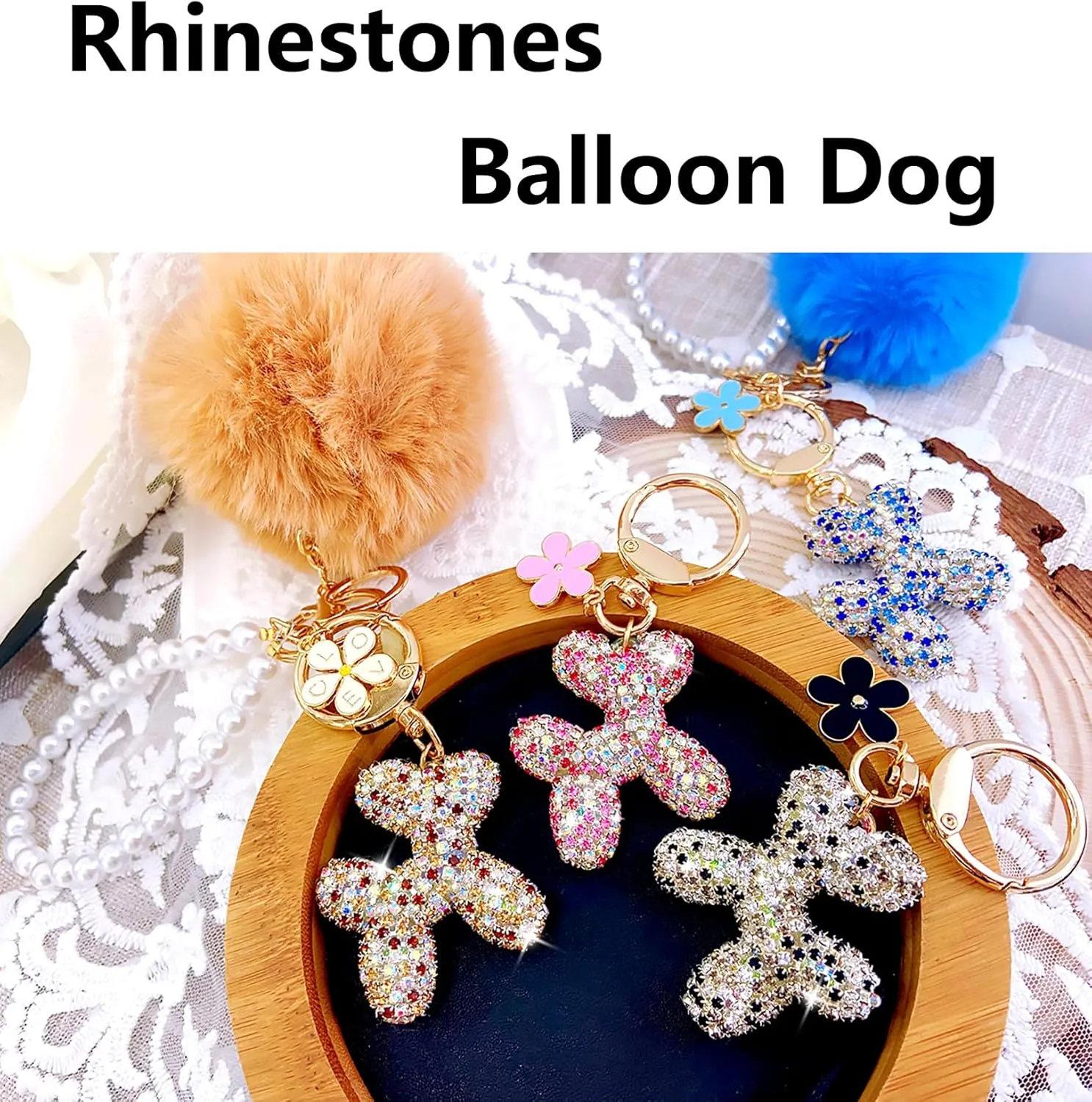 Cute keychains, Balloon Dog Bag Charms for Women, Purse Charms, Pearl Keychain Wristlet, Shiny Rhinestone Key Chain
