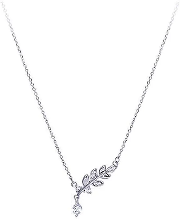 CZ Olive Leaf Pendant Necklace for Women Girls 925 Sterling Silver Cubic Zirconia Crystal Leaves Branch Charm Chain Choker Necklaces Dainty Elegant Birthday Wedding Anniversary Jewelry Gift