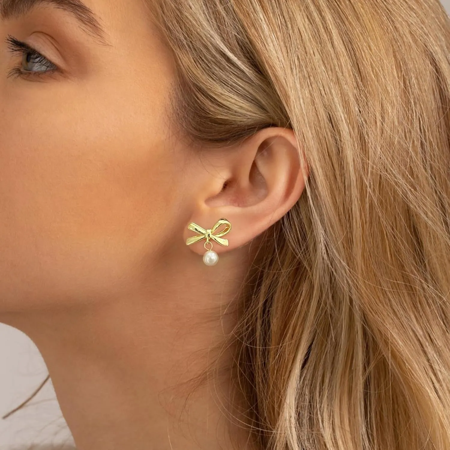 DAILY VIBES Dainty Gold Pearl Drop Dangle Earrings for Women 925 Sterling Silver Post Cute 14K Gold Plated Cubic Zirconia Small Heart Bow Earrings for Women